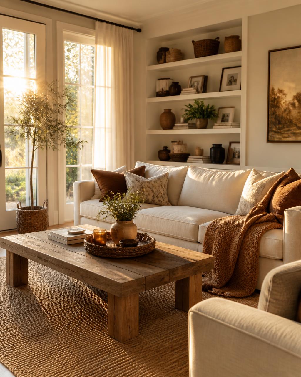 Sunlit living room with linen sofa and styled shelves after a clean and restyle